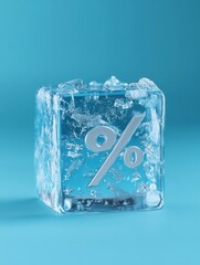 Fototapeta premium A percent symbol is frozen within a clear ice cube with scattered ice shards on top, set against a soothing blue background. This visual is ideal for illustrating discounts or sales