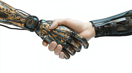 A human hand and robot arm shaking hands, isolated on a white background with a clipping path