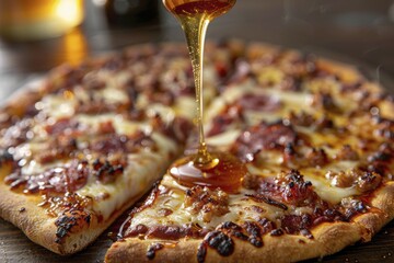Delicious honey drizzling on hot pizza with melting cheese and pepperoni toppings