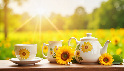 Fototapeta premium Bright sunflower tea set in sunny countryside garden, joyful ambiance