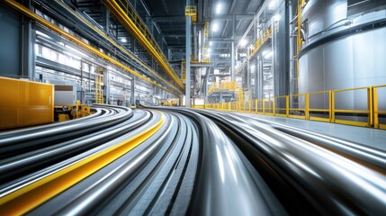 Modern Industrial Factory Interior: Steel Pipes and Conveyor System