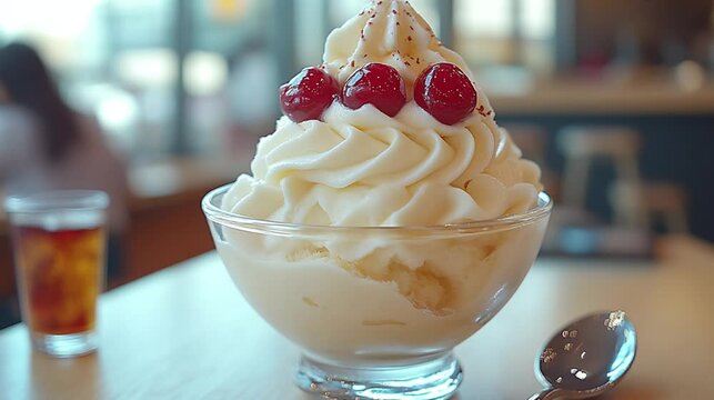 sundae ice cream with whip cream and perfect add ons on top of it