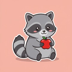 Sticker of a cute raccoon with a striped tail and tiny paws, holding a piece of fruit with mischievous eyes