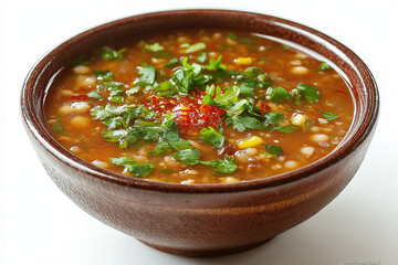 A bowl of soup with a lot of green herbs and spices