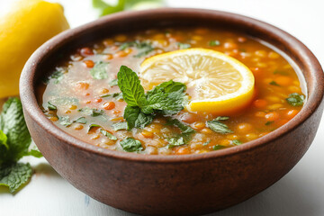 A bowl of soup with a lemon slice on top