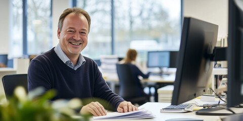 Sachbearbeiter sitzt vor dem Monitor im Büro .