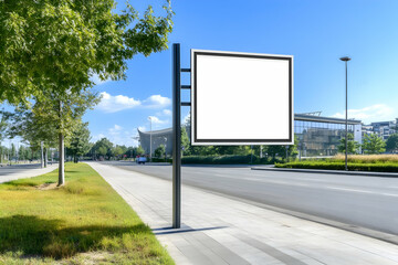 Obraz premium Blank roadside billboard, city street, sunny day, advertising mockup