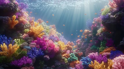 Obraz premium Vibrant coral reef teeming with colorful fish, sunlit ocean scene.