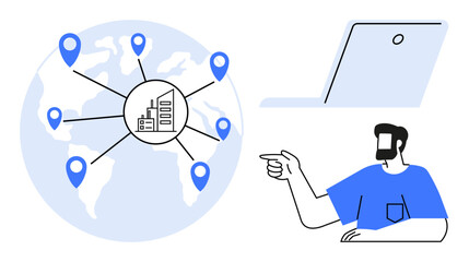 Businessman points to a global network with location markers, highlighting digital connectivity and remote communication. Ideal for globalization, business strategy, technology, remote work