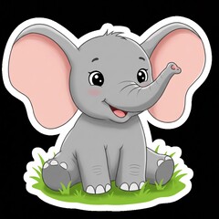 Fototapeta premium Sticker of a cute baby elephant with large ears and a tiny trunk, sitting in the grass with a joyful expression