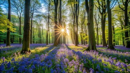 A breathtaking drone perspective reveals a carpet of bluebells in a UK forest.  Spring blooms bathed in soft light, shallow depth of field.