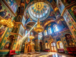 Fototapeta premium A crane shot reveals divine light bathing the spiritual architecture, Byzantine art, and icons within.