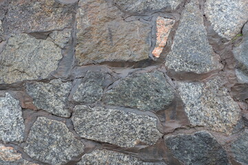 Close view of wall made of gray natural shape fieldstones