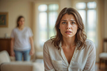 Obraz premium Portrait of unhappy brunette woman. Relationship problem in family, misunderstanding, financial problems