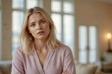 Fototapeta premium Portrait of unhappy woman with blurred living room