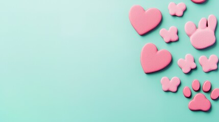 Colorful pink hearts and paw prints arranged on a soft mint background, creating a playful and loving theme.