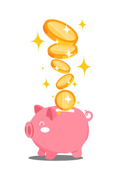 A pink piggy bank with coins dropping into the coin slot. The concept of saving money and financial management. 