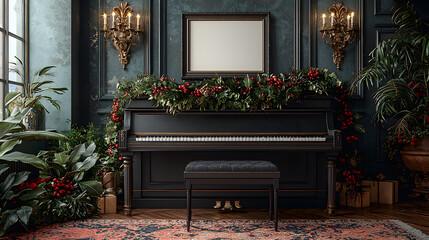 Christmas piano in elegant dark room.