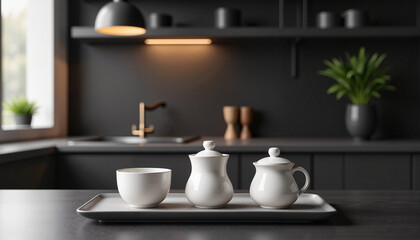 Minimalist white Chinese tea set on black countertop, modern zen design