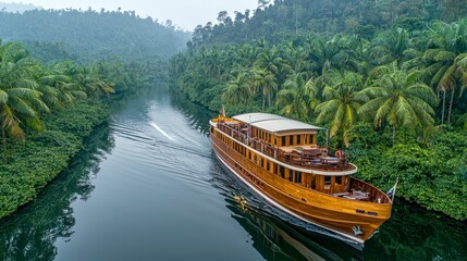 Fototapeta premium Luxury Yacht Cruise on a Tropical River: An Unforgettable Journey Through Lush Green Paradise