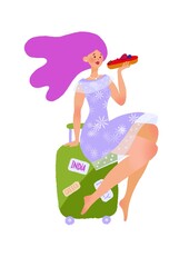 Girl sits on the suitcase and eats eclair. Ready to travel poster illustration.