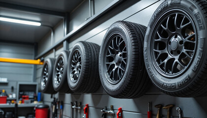 Mounted snow tires arranged in auto shop interior, vehicle readiness