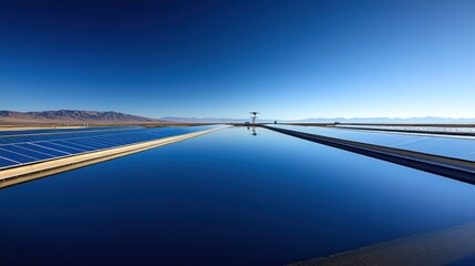 Fototapeta premium Solar Panels Reflecting on a Calm Lake Under a Clear Blue Sky