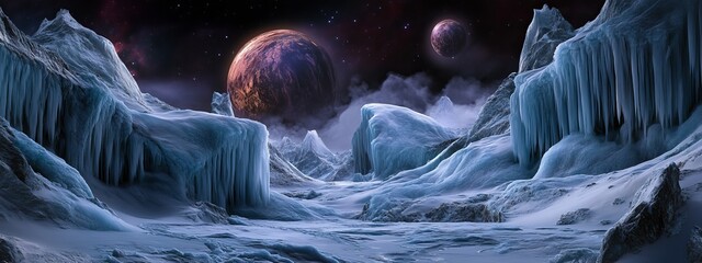 A mesmerizing shot of a remote glacier canyon with unique ice sculptures and a rare, vibrant planetary alignment casting a celestial glow over the frosty terrain, Glacier canyon scene
