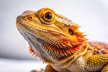 Fototapeta premium Close-up of a bearded dragon; its intricate details stand out against a pure white background.