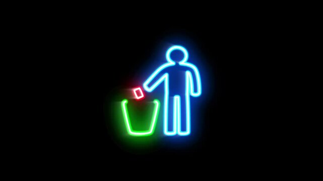 The blinking neon light of a public information icon on a black background.