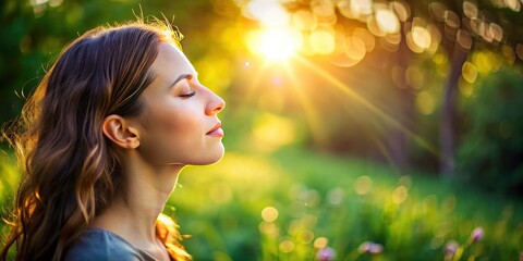 Fototapeta premium Deep breaths unlock serenity, fostering wellness, vitality, and mindful connection with nature's tranquil energy.