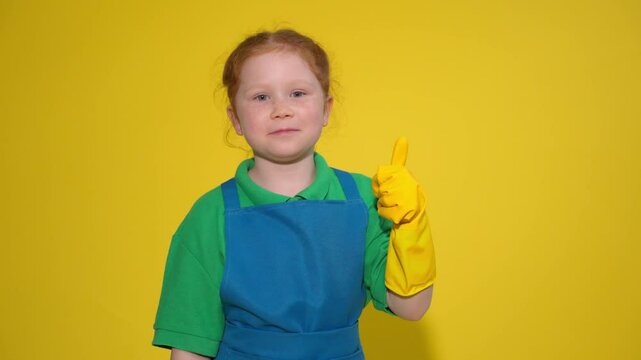Child performing fun cleaning tips with gloves in front of vibrant yellow background