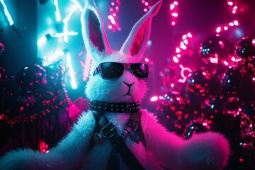 Close-up of a plush white easter bunny wearing a black studded leather collar, leash, and sunglasses, , surrounded by bright neon lights and eggs with latex surface. - Generative AI