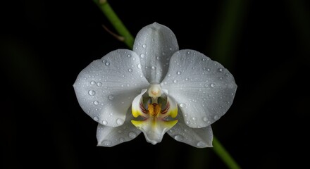 Fototapeta premium White Orchid Blossom Covered in Dew Drops