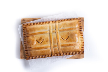 Tuna pie (empanada gallega) isolated on white background. Top view