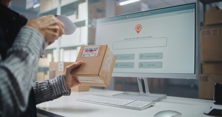 Female Logistics Specialist Scans Code on Cardboard Box with Scanner, Checks Parcel Information. Computer Screen Shows Delivery Tracking System for Monitoring Package with Online Orders. Close Up.