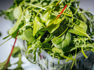Close-up of fresh mixed salad greens, including spinach and arugula, in a plastic container. The bright colors and textures emphasize the natural freshness.