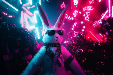 Fototapeta premium Close-up of a plush white easter bunny wearing a black studded leather collar, leash, and sunglasses, , surrounded by bright neon lights and eggs with latex surface. - Generative AI