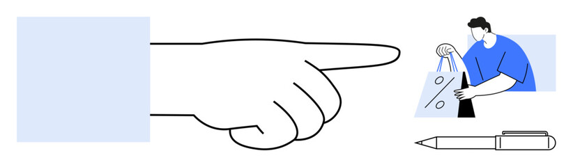 Hand pointing right, person holding shopping bags, pen below. Ideal for decision-making, consumer choice, e-commerce, navigation, guidance shopping product selection. Line metaphor