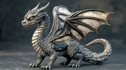 Naklejka premium Majestic Silver Dragon: A 3D Digital Sculpture of Mythical Creature