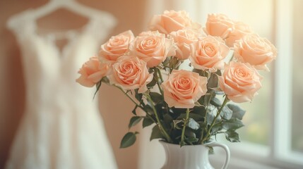 Obraz premium Peach roses bouquet, wedding dress background, bridal prep, soft light