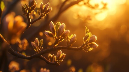 Soft Golden Light Illuminates Blossoming Flowers on a Branch