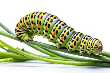 Naklejka premium Long exposure captures a swallowtail larva's subtle movements, isolated on a pure white background.