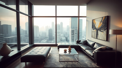 Luxurious High-Rise Apartment Living Room With Cityscape View