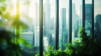 Fototapeta premium Urban Greenery: A Cityscape Viewed Through a Window Filled with Lush Plants