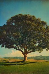 Fototapeta premium Majestic solitary tree standing tall in lush green grass on a sunny day, surrounded by picturesque hills and a clear blue sky in a serene nature landscape