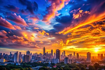 Fototapeta premium Metropolis awakens in a dramatic twilight, colorful sky a breathtaking backdrop.