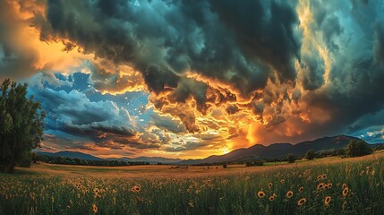 Fototapeta premium Dramatic sunset over sunflower field nature landscape photography