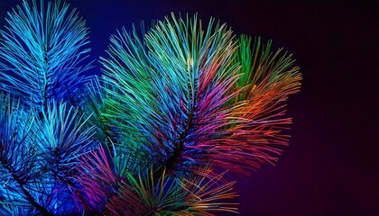 Fototapeta premium Colorful neon pine branches create a vibrant visual display against a dark background