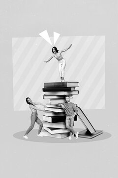 Creative abstract collage template graphics image of happy smiling friends enjoying book isolated drawing background